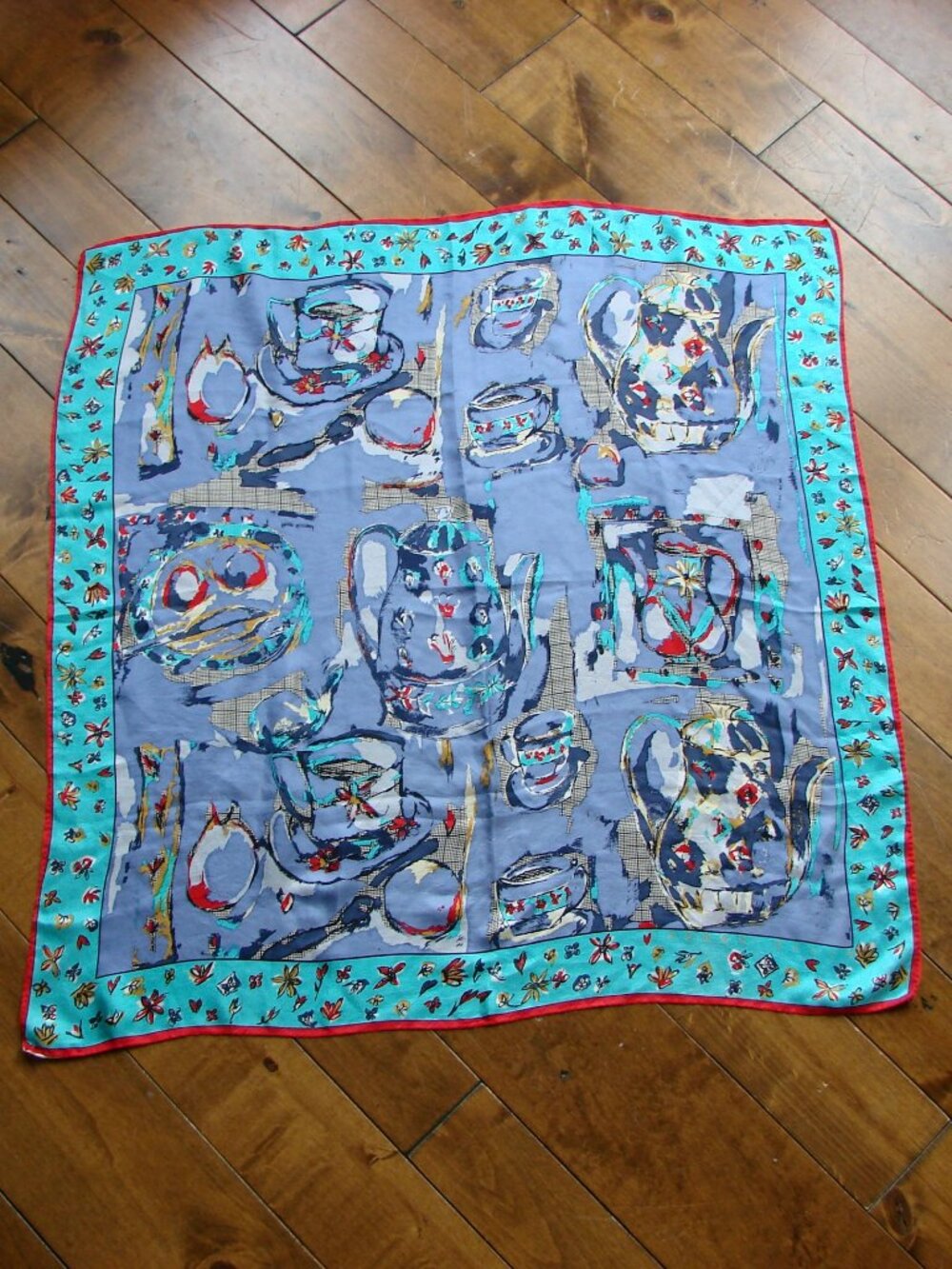 Vintage Perry Ellis 100% Silk Scarf Hand Rolled Japan Teapots Teacups Floral
